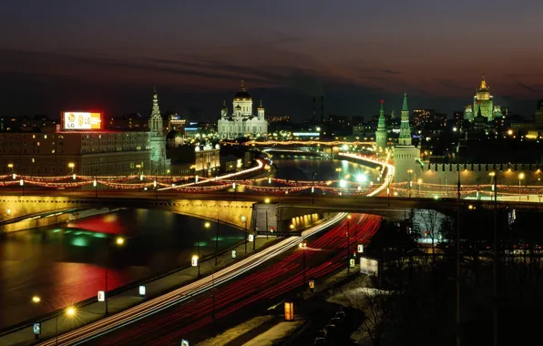 Night, lights, Moscow, temple, the Moscow river