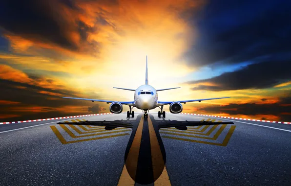 Picture the sky, asphalt, clouds, the plane, shadow, glow, runway, passenger