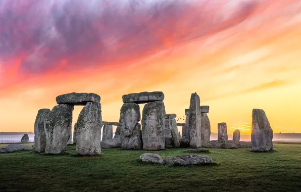 Field, clouds, sunset, stones, Stonehenge, boulders, megaliths