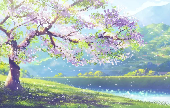 Mountains, river, Sakura, village, Vienna