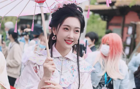 Smile, people, umbrella, actress, costume, China, image, Asian