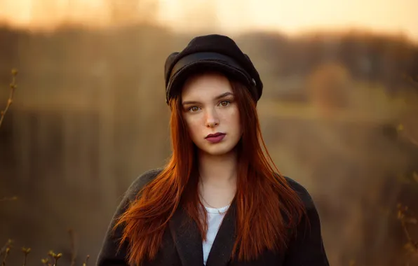 Look, background, model, portrait, makeup, hairstyle, cap, redhead