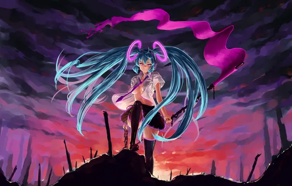 Look, girl, anger, flag, tie, blouse, chain, vocaloid