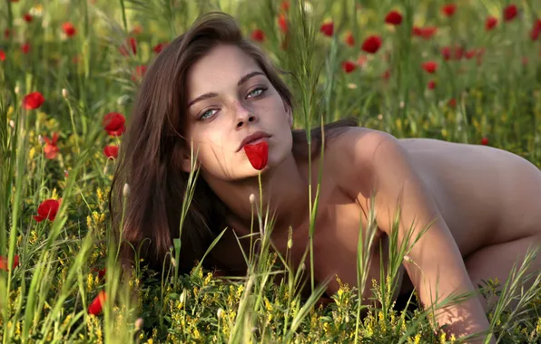 Field, grass, look, girl, flowers, naked, body, Mac