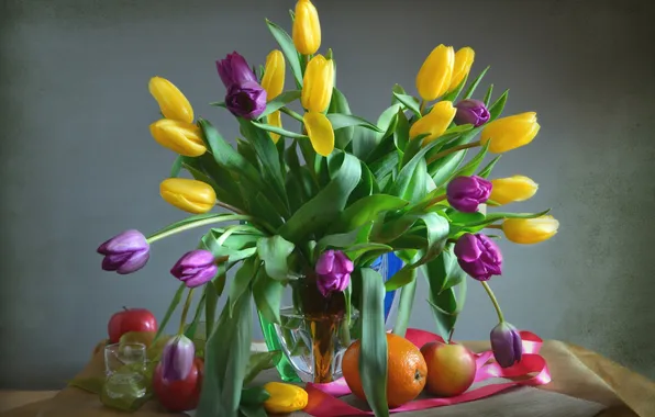 Picture Apple, orange, bouquet, tulips
