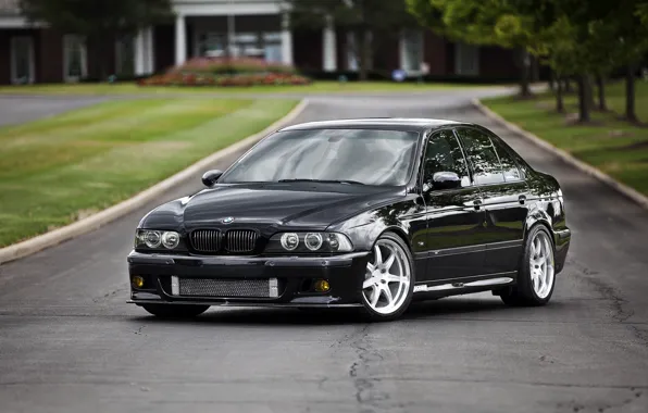 Road, lawn, black, bmw, BMW, black, e39, porebrik