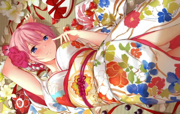 Gift, strawberry, kimono, pink hair, flower in hair, lying on the floor, Nakano Ichika, Five …