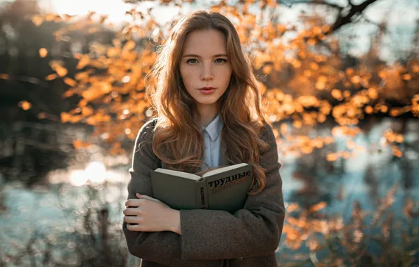 Autumn, girl, freckles, book, coat, Alexander Kurennoy, hard lead, Anastasia Absemetova