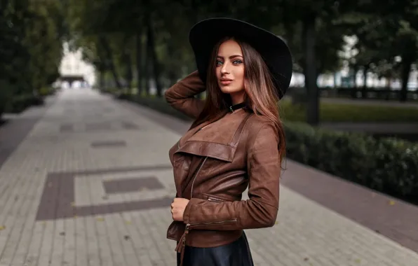 Girl, trees, Park, hat, makeup, jacket, hairstyle, brown hair