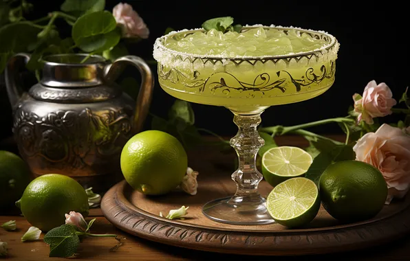 Light, flowers, the dark background, ice, kettle, lime, drink, fruit