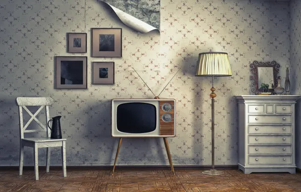 Wallpaper, lamp, TV, chair, pictures, table, apartment, Interior
