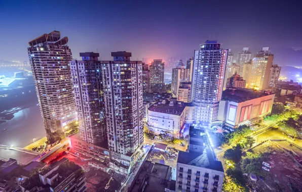 Night, The city, Skyscrapers, China, Chongqing
