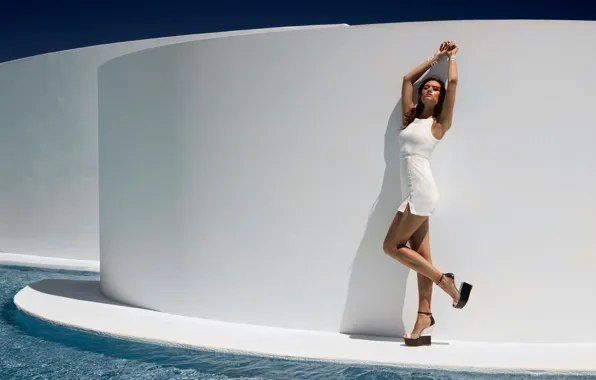 Water, model, white dress, platform, Laura James, girl. pose