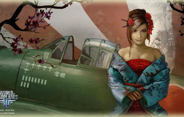 Girl, the plane, Japan, Sakura, girl, aviation, air, MMO