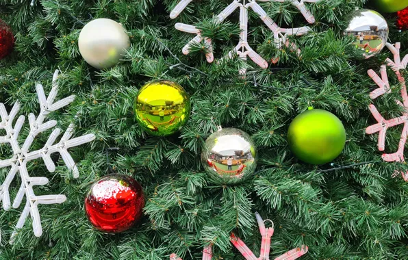 Balls, snowflakes, holiday, Christmas, New year, tree, needles, Christmas decorations