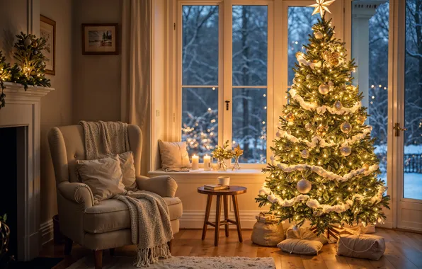 Balls, snow, lights, comfort, lights, room, wall, star