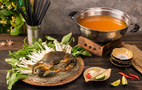 Greens, crab, soup, lime