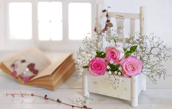 Leaves, light, flowers, branches, table, Board, bouquet, chair