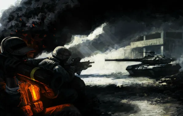 Light, ash, weapons, smoke, the building, art, soldiers, tank