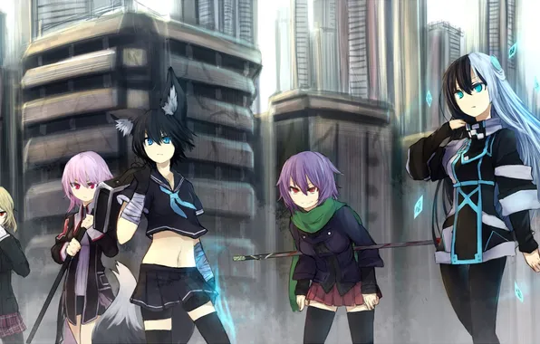 The city, weapons, girls, magic, home, anime, art, tail