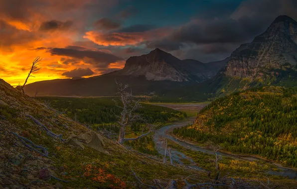 The sky, mountains, clouds, river, the evening, valley, glow