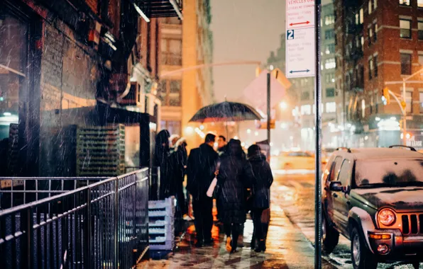 Car, city, night, street, people, walking, sidewalk, snowing
