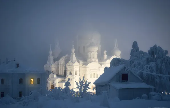 Picture winter, snow, frost, the barn, temple, Russia, frost, Perm Krai