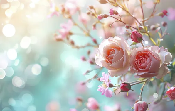 Picture flowers, holiday, roses, pink, floral arrangement, AI art, universal holiday background, neural network