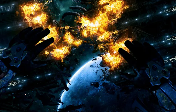Picture space, the explosion, future, ship, planet, disaster, hands, Akimov Mikhail