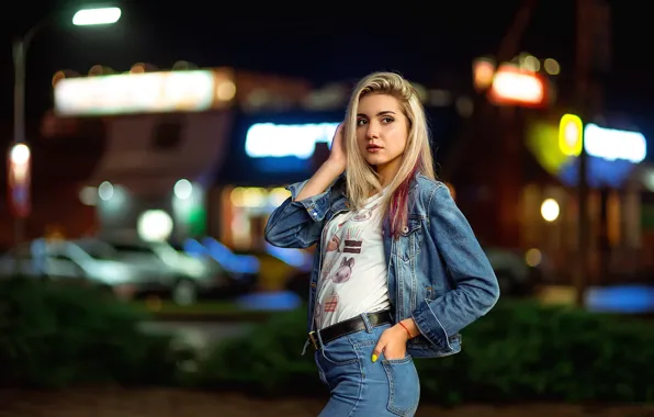 Night, lights, pose, model, portrait, jeans, makeup, Mike