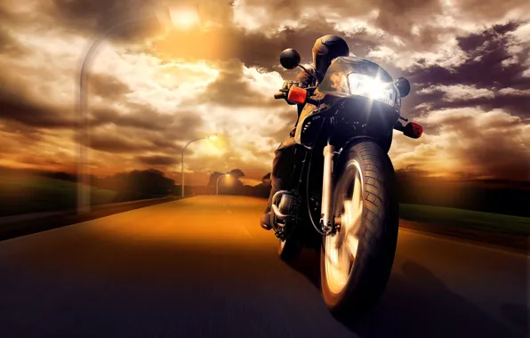 Road, sunset, speed, motorcycle, male