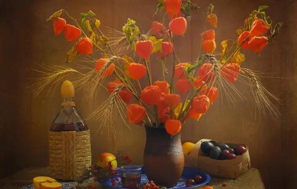 Flowers, branches, glass, berries, table, wine, apples, rye