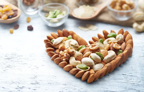 Heart, nuts, almonds, pistachios
