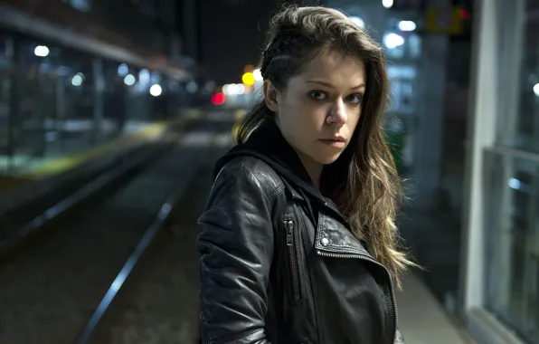 Night, lights, rails, actress, brunette, jacket, hairstyle, black