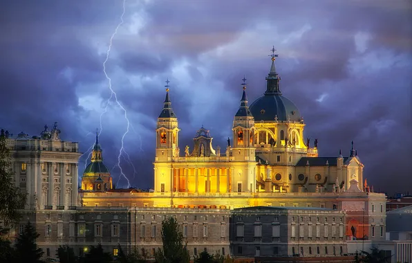 The sky, landscape, clouds, lightning, Cathedral, Spain, the dome, Madrid