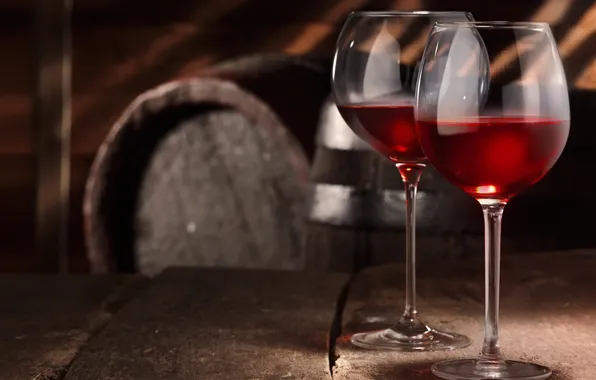 Table, wine, red, glasses, cellar, barrels