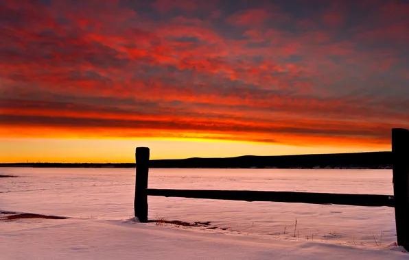 Winter, field, snow, sunset, fire, the fence, power lines, orange sky