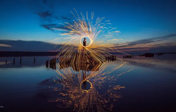 Water, reflection, night, mood, fire, the atmosphere, People, fireshow