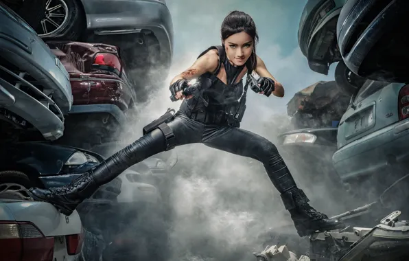 Picture girl, pose, style, guns, smoke, dump, Asian, cars