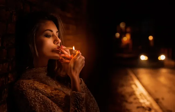 Picture girl, night, the city, cigarette