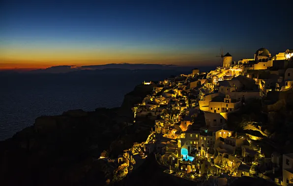 Picture sea, sunset, lights, island, Greece, Aegean