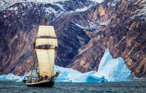 Sea, mountains, sailboat, Denmark, ice, icebergs, the fjord, Greenland