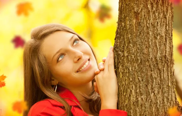 Picture autumn, leaves, trees, pose, smile, background, portrait, makeup