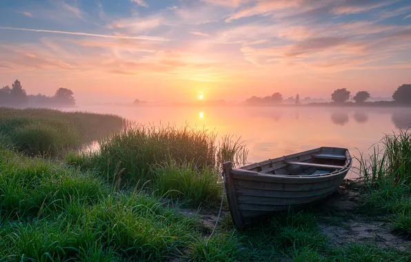 The sky, the sun, clouds, lake, Wallpaper, shore, boat, morning