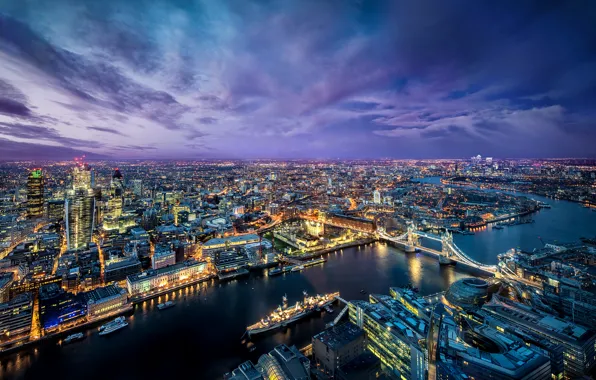 Bridge, the city, lights, river, London, the evening