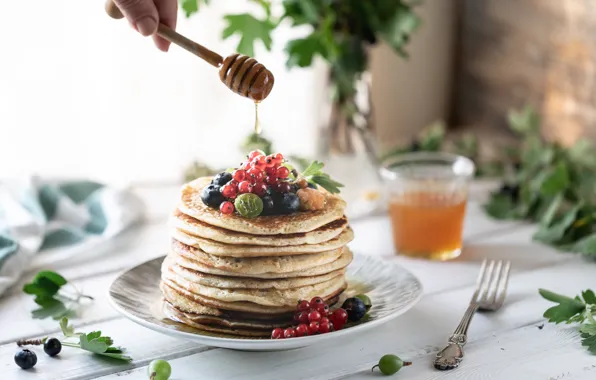 Flowers, berries, Breakfast, honey, plate, vase, pancakes, Karina Klachuk