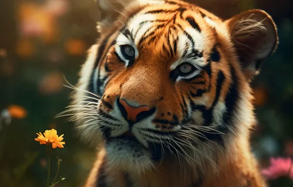 Face, tiger, portrait, tiger, digital art, AI art, neural network, the art of artificial intelligence
