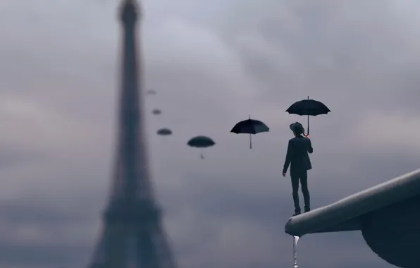 Roof, drops, rain, Paris, umbrella, male