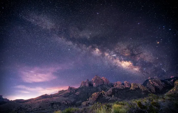 Space, stars, mountains, night, rocks, the slopes, tops, view