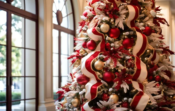 Balls, strips, tape, window, Christmas, red, New year, white